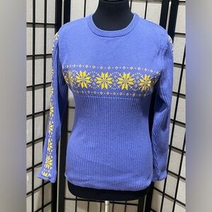 Wintertime Blue COTTON Knit Sweater FAIR ISLE SNOWFLAKE DESIGN, WOMEN SIZE L